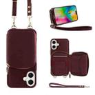 For iPhone 16 Plus Crossbody Zipper Wallet Bag Leather Phone Case with Lanyard(Wine Red) - 1