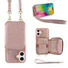 For iPhone 16 Plus Crossbody Zipper Wallet Bag Leather Phone Case with Lanyard(Rose Gold) - 1