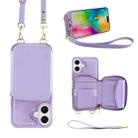 For iPhone 16 Plus Crossbody Zipper Wallet Bag Leather Phone Case with Lanyard(Purple) - 1