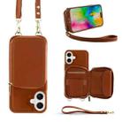 For iPhone 16 Plus Crossbody Zipper Wallet Bag Leather Phone Case with Lanyard(Brown) - 1