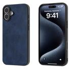 For iPhone 16 Plus Black Frame Two-color Calf Texture PU Phone Case(Blue) - 1