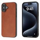 For iPhone 16 Plus Black Frame Two-color Calf Texture PU Phone Case(Brown) - 1