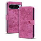 For Google Pixel 9 / 9 Pro Cartoon Sakura Cat Embossed Leather Phone Case(Rose Red) - 1