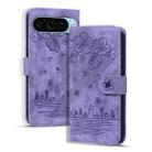 For Google Pixel 9 / 9 Pro Cartoon Sakura Cat Embossed Leather Phone Case(Purple) - 1