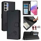 For Samsung Galaxy M35 Cat Rat Embossed RFID Leather Phone Case with Lanyard(Black) - 1