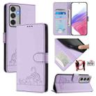 For Samsung Galaxy M35 Cat Rat Embossed RFID Leather Phone Case with Lanyard(Purple) - 1