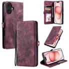 For iPhone 16 Plus Skin Feel Totem Embossed Leather Phone Case(Wine Red) - 1