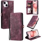 For iPhone 15 Plus Skin Feel Totem Embossed Leather Phone Case(Wine Red) - 1