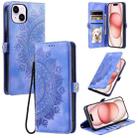 For iPhone 15 Skin Feel Totem Embossed Leather Phone Case(Purple) - 1