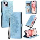 For iPhone 14 Skin Feel Totem Embossed Leather Phone Case(Blue) - 1