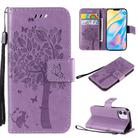 For iPhone 12 mini Tree & Cat Embossed Pattern Horizontal Flip Leather Case with Holder & Card Slots & Wallet & Lanyard(Light Purple) - 1