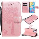 For iPhone 12 mini Tree & Cat Embossed Pattern Horizontal Flip Leather Case with Holder & Card Slots & Wallet & Lanyard(Rose Gold) - 1