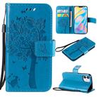 For iPhone 12 mini Tree & Cat Embossed Pattern Horizontal Flip Leather Case with Holder & Card Slots & Wallet & Lanyard(Blue) - 1