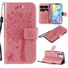 For iPhone 12 mini Tree & Cat Embossed Pattern Horizontal Flip Leather Case with Holder & Card Slots & Wallet & Lanyard(Pink) - 1