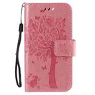 For iPhone 12 mini Tree & Cat Embossed Pattern Horizontal Flip Leather Case with Holder & Card Slots & Wallet & Lanyard(Pink) - 1