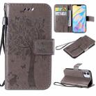 For iPhone 12 mini Tree & Cat Embossed Pattern Horizontal Flip Leather Case with Holder & Card Slots & Wallet & Lanyard(Gray) - 1