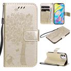 For iPhone 12 mini Tree & Cat Embossed Pattern Horizontal Flip Leather Case with Holder & Card Slots & Wallet & Lanyard(Gold) - 1