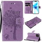 For iPhone 12 / 12 Pro Tree & Cat Embossed Pattern Horizontal Flip Leather Case with Holder & Card Slots & Wallet & Lanyard(Light Purple) - 1