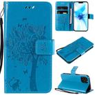 For iPhone 12 / 12 Pro Tree & Cat Embossed Pattern Horizontal Flip Leather Case with Holder & Card Slots & Wallet & Lanyard(Blue) - 1