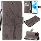 For iPhone 12 / 12 Pro Tree & Cat Embossed Pattern Horizontal Flip Leather Case with Holder & Card Slots & Wallet & Lanyard(Gray) - 1