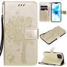 For iPhone 12 / 12 Pro Tree & Cat Embossed Pattern Horizontal Flip Leather Case with Holder & Card Slots & Wallet & Lanyard(Gold) - 1