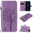 For iPhone 12 Pro Max Tree & Cat Embossed Pattern Horizontal Flip Leather Case with Holder & Card Slots & Wallet & Lanyard(Light Purple) - 1