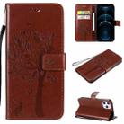 For iPhone 12 Pro Max Tree & Cat Embossed Pattern Horizontal Flip Leather Case with Holder & Card Slots & Wallet & Lanyard(Coffee) - 1