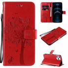 For iPhone 12 Pro Max Tree & Cat Embossed Pattern Horizontal Flip Leather Case with Holder & Card Slots & Wallet & Lanyard(Red) - 1
