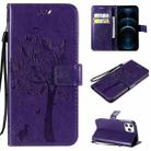 For iPhone 12 Pro Max Tree & Cat Embossed Pattern Horizontal Flip Leather Case with Holder & Card Slots & Wallet & Lanyard(Purple) - 1