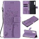 For LG G9 Tree & Cat Embossed Pattern Horizontal Flip Leather Case with Holder & Card Slots & Wallet & Lanyard(Light Purple) - 1