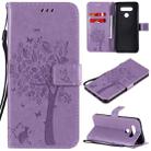 For LG K51 Tree & Cat Embossed Pattern Horizontal Flip Leather Case with Holder & Card Slots & Wallet & Lanyard(Light Purple) - 1