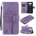 For LG K61 Tree & Cat Embossed Pattern Horizontal Flip Leather Case with Holder & Card Slots & Wallet & Lanyard(Light Purple) - 1