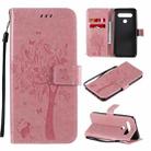 For LG K61 Tree & Cat Embossed Pattern Horizontal Flip Leather Case with Holder & Card Slots & Wallet & Lanyard(Pink) - 1