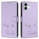 For iPhone 16 Plus Smile Embossing RFID Leather Phone Case(Light Purple) - 3