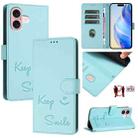 For iPhone 16 Smile Embossing RFID Leather Phone Case(Mint Green) - 1