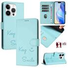 For iPhone 15 Pro Smile Embossing RFID Leather Phone Case(Mint Green) - 1