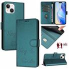 For iPhone 15 Smile Embossing RFID Leather Phone Case(Peacock Green) - 1