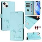 For iPhone 14 Plus Smile Embossing RFID Leather Phone Case(Mint Green) - 1