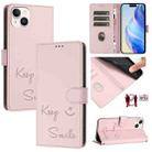 For iPhone 14 Plus Smile Embossing RFID Leather Phone Case(Pink) - 1