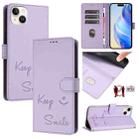 For iPhone 14 Plus Smile Embossing RFID Leather Phone Case(Light Purple) - 1