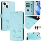 For iPhone 14 / 13 Smile Embossing RFID Leather Phone Case(Mint Green) - 1