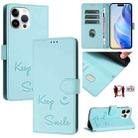 For iPhone 13 Pro Max Smile Embossing RFID Leather Phone Case(Mint Green) - 1