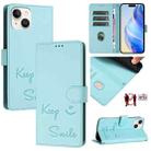 For iPhone 13 mini Smile Embossing RFID Leather Phone Case(Mint Green) - 1