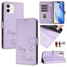 For iPhone 12 / 12 Pro Smile Embossing RFID Leather Phone Case(Light Purple) - 1