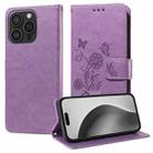 For iPhone 16 Pro Embossed Butterfly Flowers Leather Phone Case(Purple) - 1