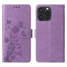 For iPhone 16 Pro Embossed Butterfly Flowers Leather Phone Case(Purple) - 3