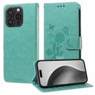 For iPhone 16 Pro Embossed Butterfly Flowers Leather Phone Case(Green) - 1