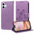 For iPhone 16 Plus Embossed Butterfly Flowers Leather Phone Case(Purple) - 1