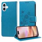 For iPhone 16 Plus Embossed Butterfly Flowers Leather Phone Case(Blue) - 1