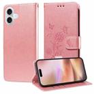 For iPhone 16 Plus Embossed Butterfly Flowers Leather Phone Case(Rose Gold) - 1